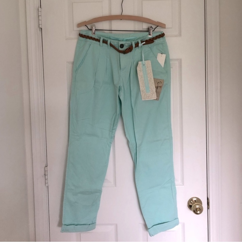 Highway Jeans Mint Green Boyfriend Pants with Braided Belt